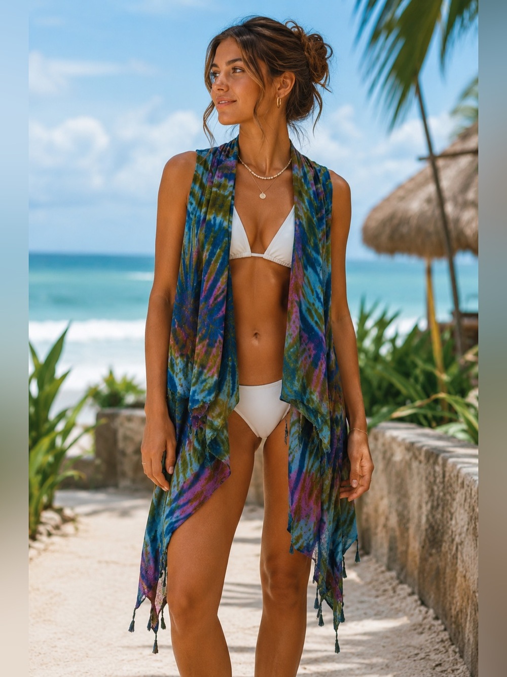 Bali Queen Colorful Tie-Dye Swimsuit Coverup Vest Size S Beach Resort Festival